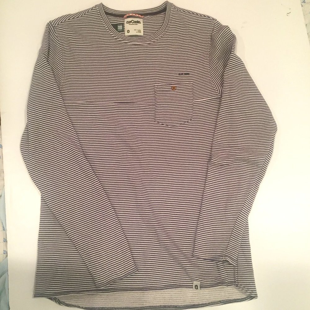OURCASTE, men's M, striped, long sleeved, crew neck  moisture wicking shirt.